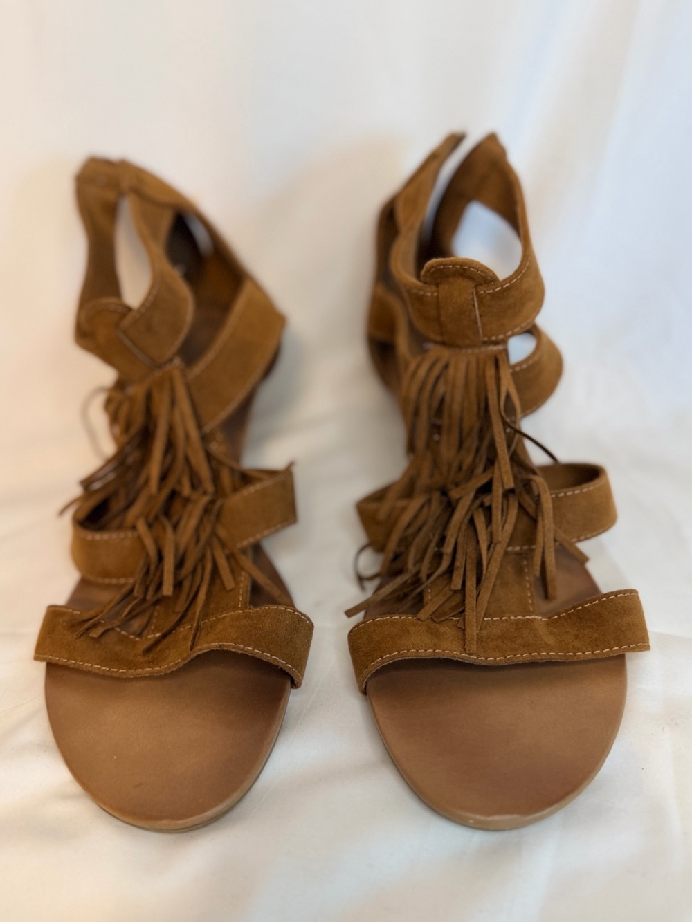 American Eagle Outfitters Tan Suede Fringe Strappy Sandals